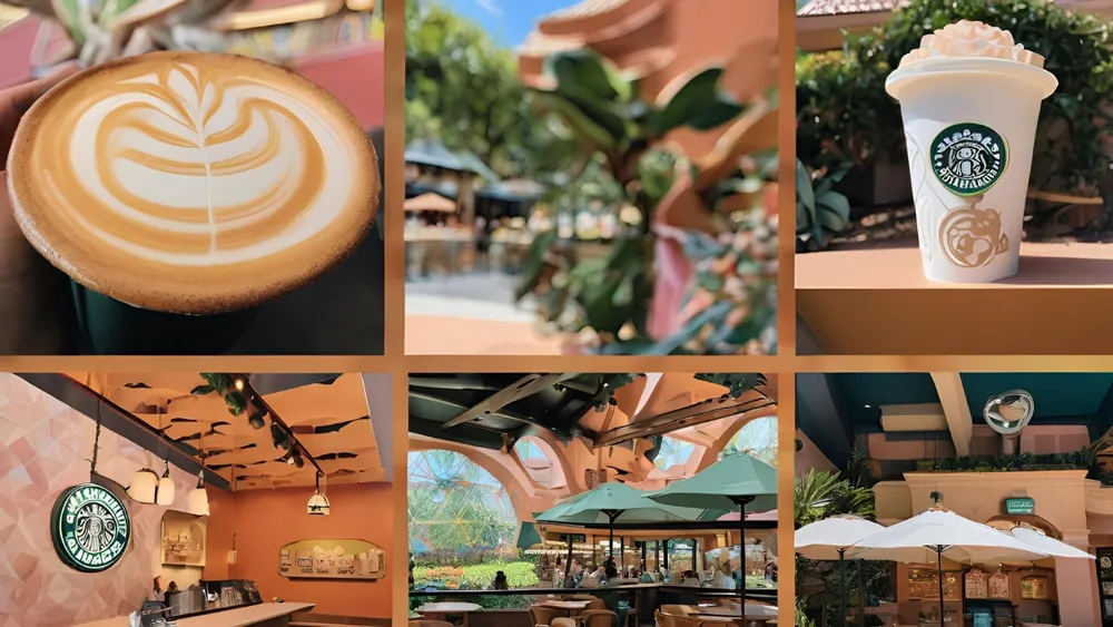 A Starbucks location at Disney's Hollywood Studios, featuring a vibrant atmosphere and iconic Disney-themed decor.