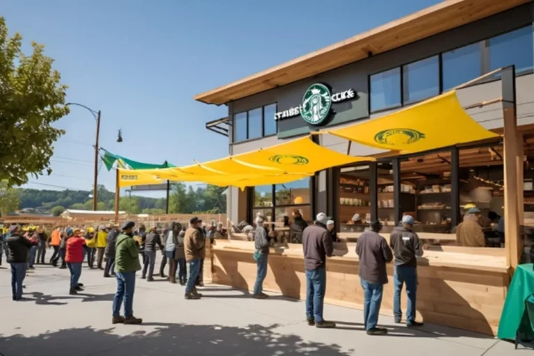 A crowd of people stands outside a Starbucks, anticipating the grand opening of the new Hermitage location.