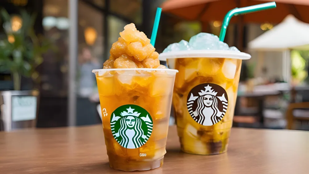 A refreshing Starbucks iced coffee topped with ice cream, served with a straw, perfect for a warm day.