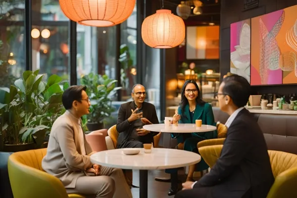 A lively cafe scene with a group of individuals around a table, collaborating and enjoying coffee together