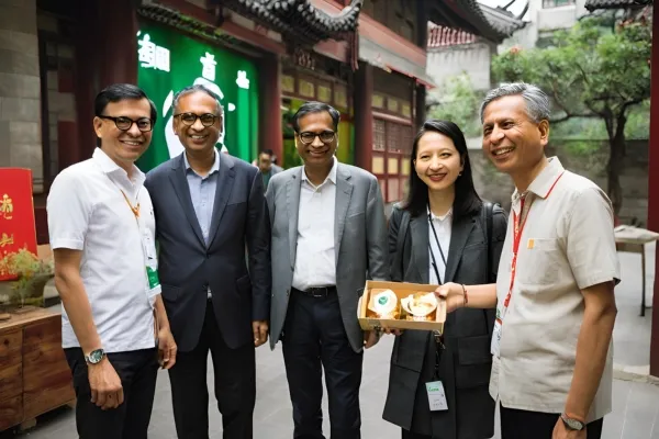 Four people pose with a box outside a building, celebrating Starbucks CEO Laxman Narasimhan's visit to China