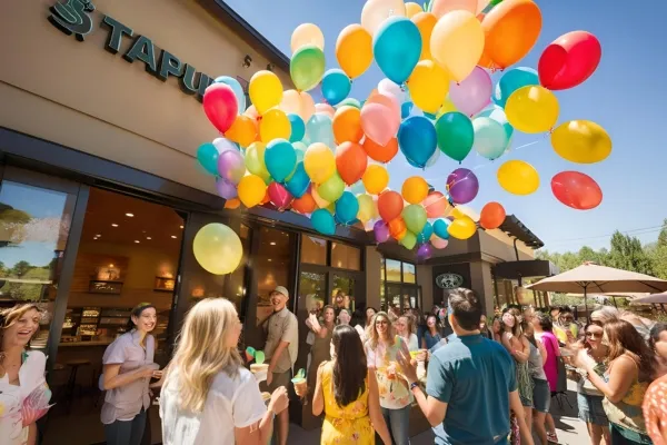 People stand joyfully outside a newly opened Starbucks in Loomis, surrounded by vibrant balloons