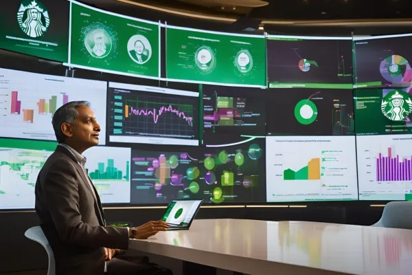 Starbucks CEO Laxman Narasimhan in a suit at a table with screens, engaging with partners during his visit to China.