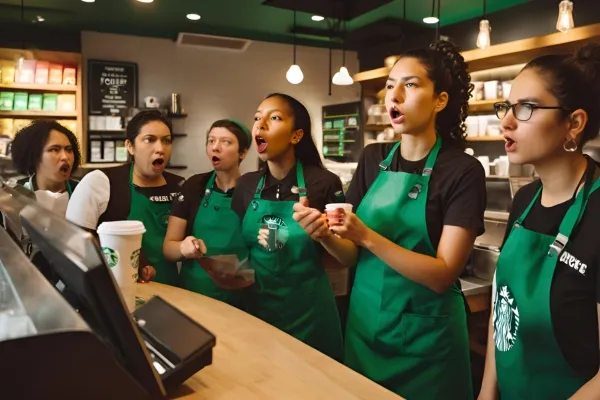 Starbucks employees joyfully singing together in the store, highlighting their camaraderie despite being short-staffed